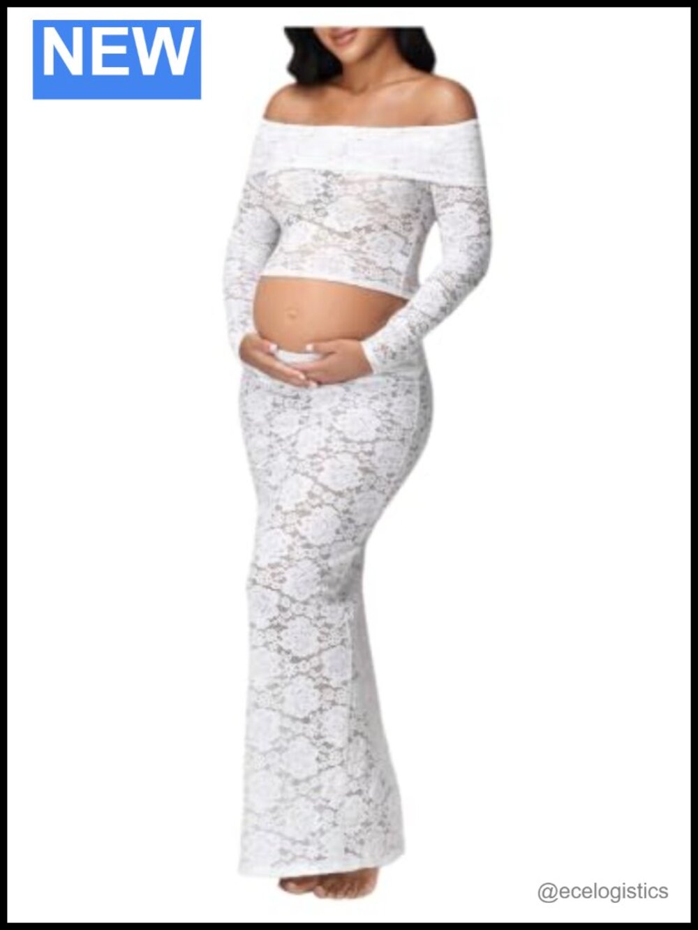 Maternity 2 Piece Outfit Floral Lace Off Shoulder Crop Top & Bodycon Maxi Skirt